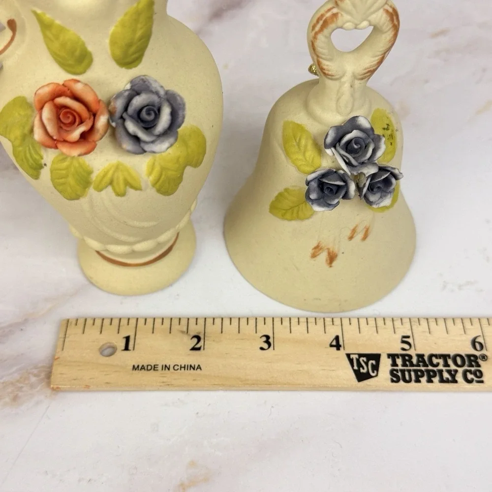 Flambro Porcelain Floral Pitcher Vase Bell Applied Roses Vintage Cottagecore Dec